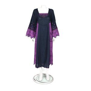 ETNODIM Embroidered Angel Sleeve Linen Navy Blue Violet Purple Maxi Dress XS 742